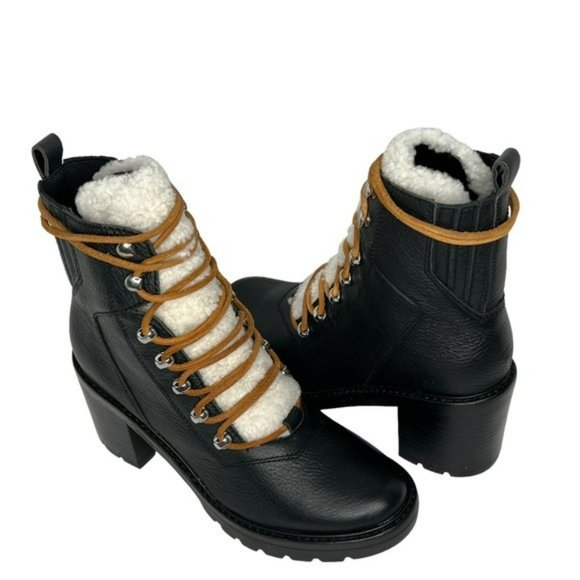 Marc Fisher Black Denise Leather Sheep Fur Combat Moto Ankle Boots Size 7.5M - Picture 12 of 16